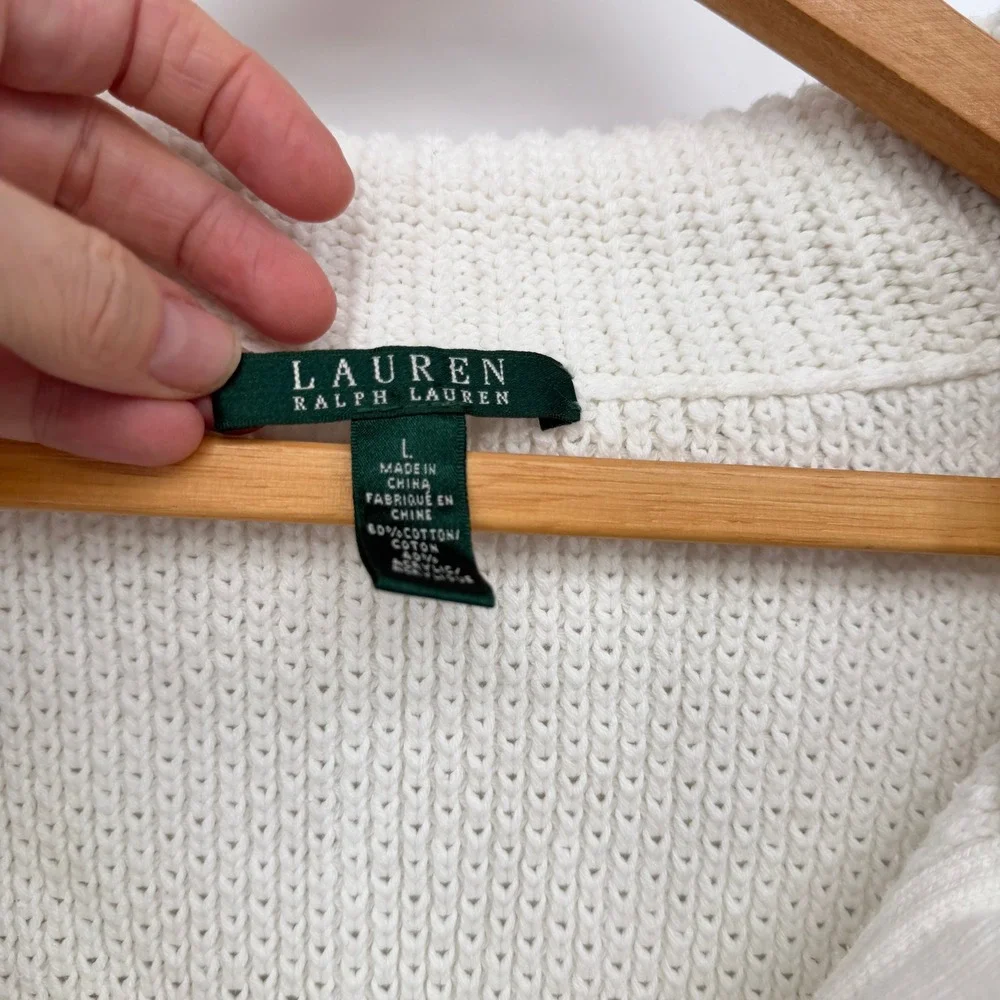 Lauren Ralph Lauren Preppy Sweater White Knit Split Neck Pullover Open Weave LG‎